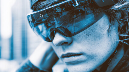 Futuristic person wearing smart glasses with neon city lights reflection