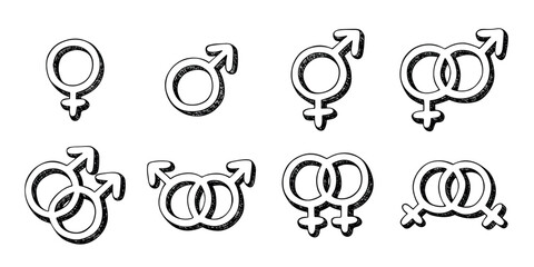 Set of hand drawn female, male and bigender gender identity icon Symbol used to represent sex and gender