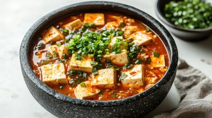 Savory Korean Tofu Stew with Fresh Green Onions in a Black Stone Bowl on a Textured Surface