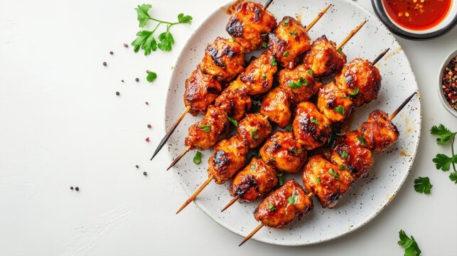 Delicious Grilled Chicken Skewers with Spicy Marinade and Fresh Herbs on White Plate