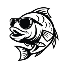Monochrome Fish Wearing Sunglasses, Aquatic Animal with Fins and Scaled Body Outline