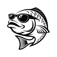 Cool Bass Fish Portrait Wearing Sunglasses, Monochrome Minimalist Line Art Isolated Design