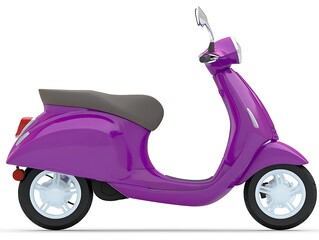 A vibrant purple scooter with a brown seat, white wheels, and chrome accents, isolated on a white background