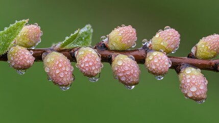 Close-up: Branch with buds covered in raindrops against a green background. Use for spring, nature, fresh start, growth, or renewal concepts.