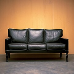 Fototapeta premium Modern living room with a black leather couch placed against an orange wall.