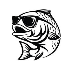 Cool Fish Silhouette With Sunglasses. Black And White Icon, Isolated On White