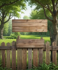 Obraz premium Empty sign hanging on weathered wooden fence, vibrant green park backdrop, daylight, visual