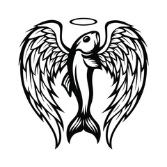 Angelic Fish Art Decorative Flying Fish with Halo and Detailed Wings in Black and White
