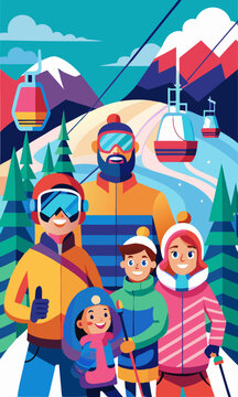 Familia feliz esquiando en unas vacaciones nevadas en la monta&ntilde;a. Dibujo vectorial de un hombre, una mujer y dos ni&ntilde;os con ropa de esqu&iacute; colorida disfrutando de las vacaciones de invierno con equipo d