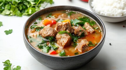 Delicious homemade beef stew with fresh herbs and colorful vegetables in a bowl on a white background
