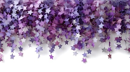 Obraz premium A cascade of purple paper stars hangs against a white background