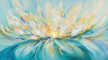 Obraz premium Abstract floral blossom painting in light teal and cream.