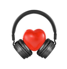 black wireless headphones with a red heart stand out against a transparent background.not AI