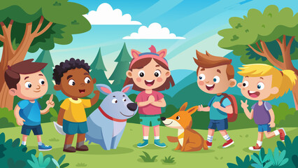 Obraz premium Niños interactuando con animales en una tienda de campaña forestal, con un conejito juguetón y un cerdo salvaje, ambientada en una animada escena de campamento de verano.