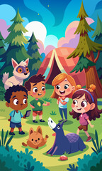 Niños interactuando con animales en una tienda de campaña forestal, con un conejito juguetón y un cerdo salvaje, ambientada en una animada escena de campamento de verano.