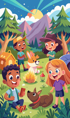 Niños interactuando con animales en una tienda de campaña forestal, con un conejito juguetón y un cerdo salvaje, ambientada en una animada escena de campamento de verano.