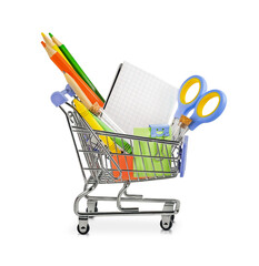 shopping cart filled with office supplies is isolated on a white background