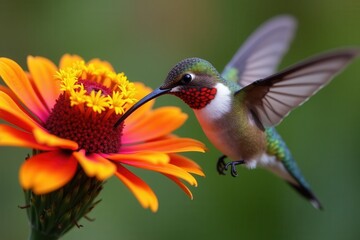 Fototapeta premium Hummingbird feeding on vibrant orange flower