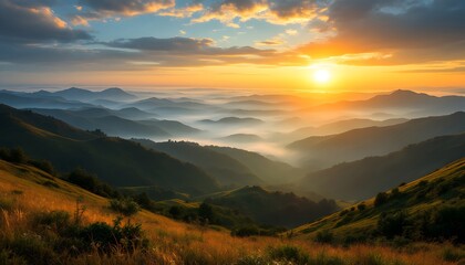 Scenic Mountain Range Landscape at Sunrise with Fog and Rolling Hills