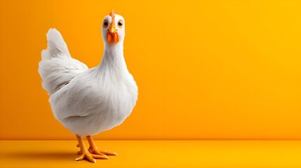 Playful white chicken against a vibrant orange backdrop