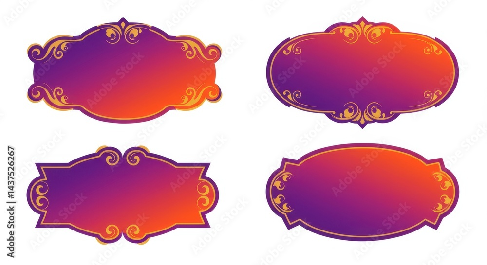 Poster collection of four ornate frames with gradient fill and golden decorative elements on white backgrou
