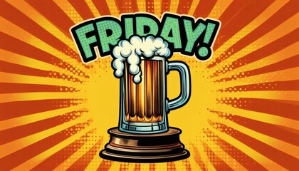 beer mug foam pop art ray background Friday weekend drink party celebrate brew socialize gatherings alcohol pub social