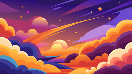 星が並ぶ魔法のようなアニメ風の夜空、オレンジと紫の雲、そしてファンタジーのテーマにぴったりの気まぐれな雲の風景。