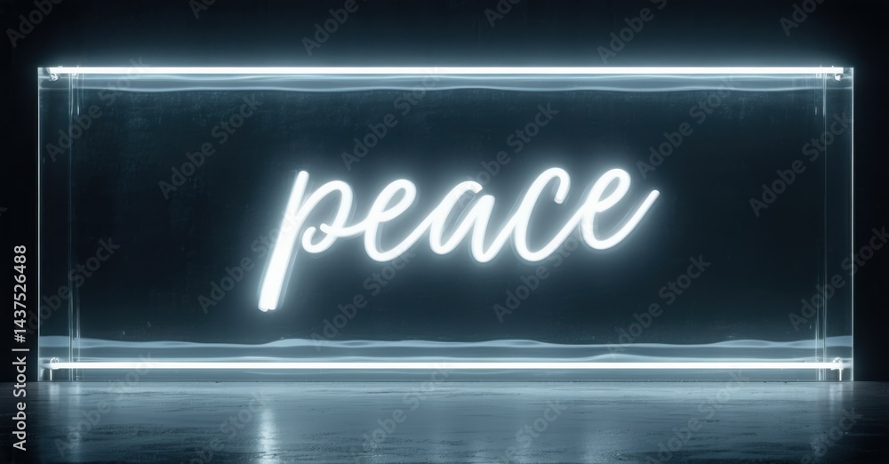Aufkleber neon sign displays word peace. blue light emanates from rectangular structure. dark background creat