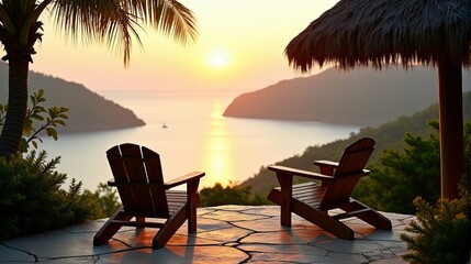 Tropical Twilight Relaxation Chairs Silhouetted Against Sunset