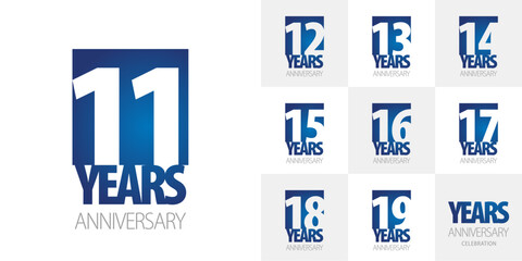 Logo collections for the 1st decade anniversary. Creative design emblems with negative space numbers blue white background for celebration event, invitation, greeting, web template, leaflet