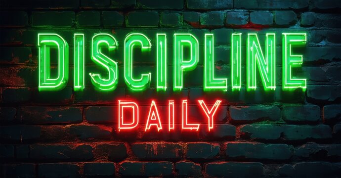 Naklejki Bold glowing phrase discipline daily in green and red tones glowing on bricks with high detail shadows and glowing grime