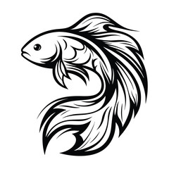 Betta Fish Elegant Illustration, Monochrome Silhouette, Decorative Fins, Aquatic Animal