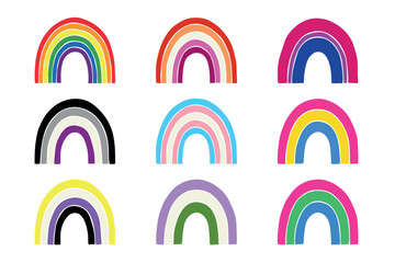 Set of colorful LGBTQ+ pride flag rainbows Gender equality and sexual identity pride flags collection LGBTQIA community pride month