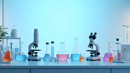 A vibrant laboratory scene featuring three microscopes and colorful glassware filled with liquids.