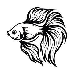 Betta Fish Silhouette, Ornamental Fish with Flowing Fins, Aquatic Animal, Black and White