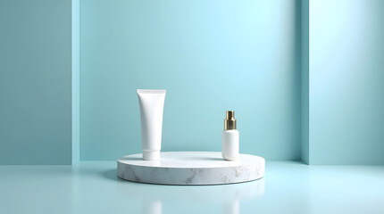 Minimalistic display of skincare products on a marble pedestal against a serene blue backdrop.