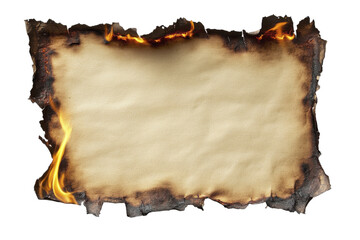 Torn paper with burned edges and scattered flames isolated on white background, perfect for vintage branding, packaging design, and marketing materials.
