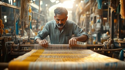 Skilled artisan meticulously working on a loom