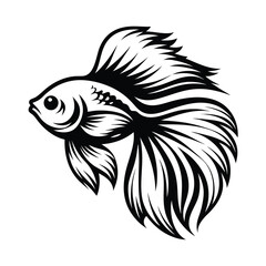 Monochrome Betta Fish Silhouette on White Background, Elegant Flowing Fins, Aquatic Art