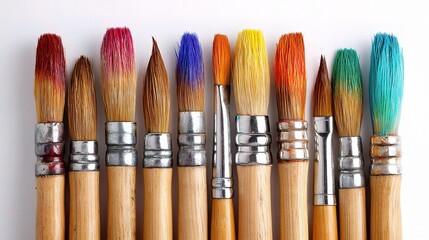 Fototapeta premium Colorful Paintbrushes with Vibrant Tips Arranged Neatly in a Row