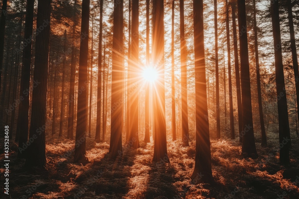 Poster sun rays shine through a dense forest, creating a warm and enchanting scene. use it for nature, spir