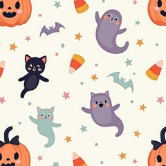 Cute halloween pattern with ghosts, cats, pumpkins, candy corn, and bats