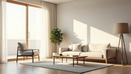 Fototapeta premium Modern minimalist living room with sunlit interiors and cozy furniture setup
