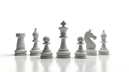 A minimalist arrangement of gray chess pieces on a reflective surface, showcasing strategy and elegance.