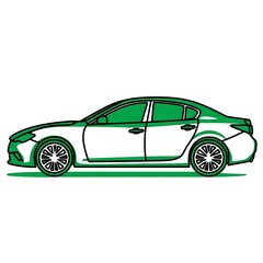 Fototapeta premium A simple line drawing of a white sedan with green accents