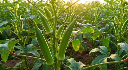 harvesting okra in a field, green pods on tall plants