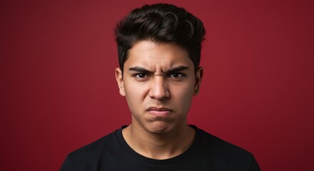 Naklejka premium Angry Latino young man portrait isolated on bold red background showing frustration and attitude. Generative AI