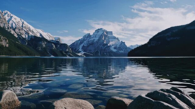 Mount rundle reflecting on lake minnewanka in banff national park