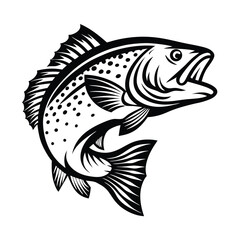 Stylized Silhouette of Spotted Fish Jumping Upwards, Open Mouth, Bold Black on White