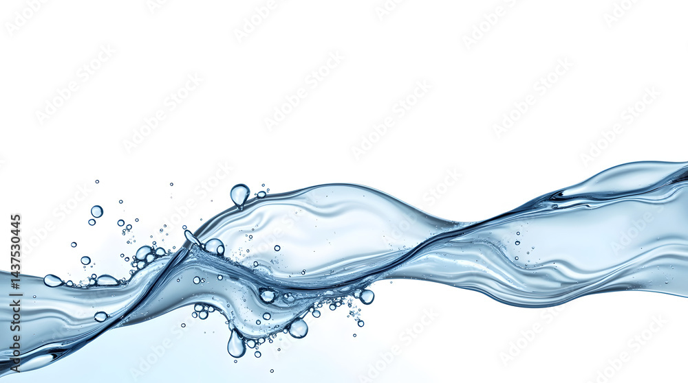 Poster crystal clear water wave with bubbles on a light background, creating a refreshing and lively atmosp
